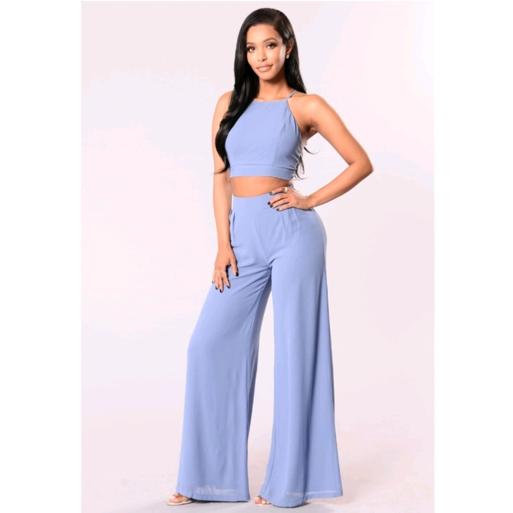 Baby Blue 2 Piece Set Wide Leg Pants & Crop Top